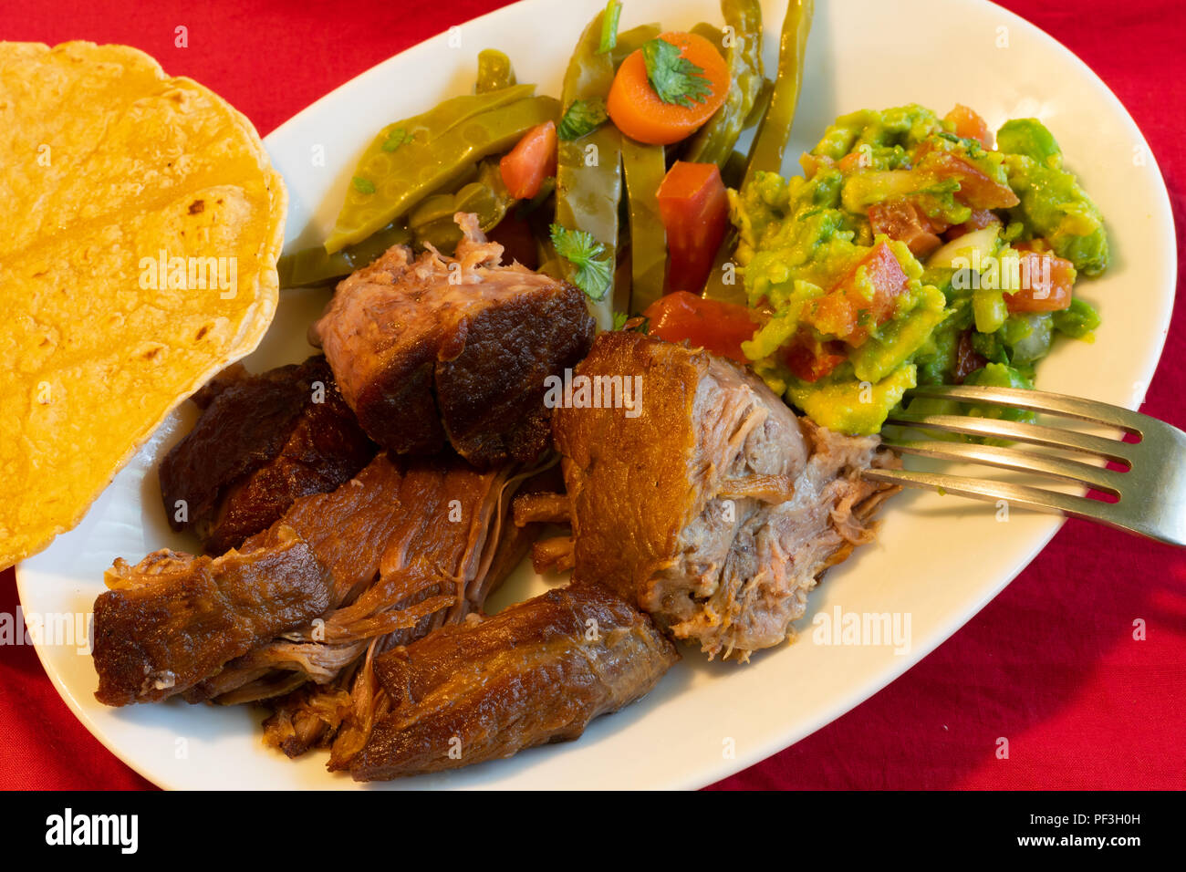 Carnitas mexikanische Gericht aus Schweinefleisch mit nopales, Guacamole und Tortillas. Stockfoto