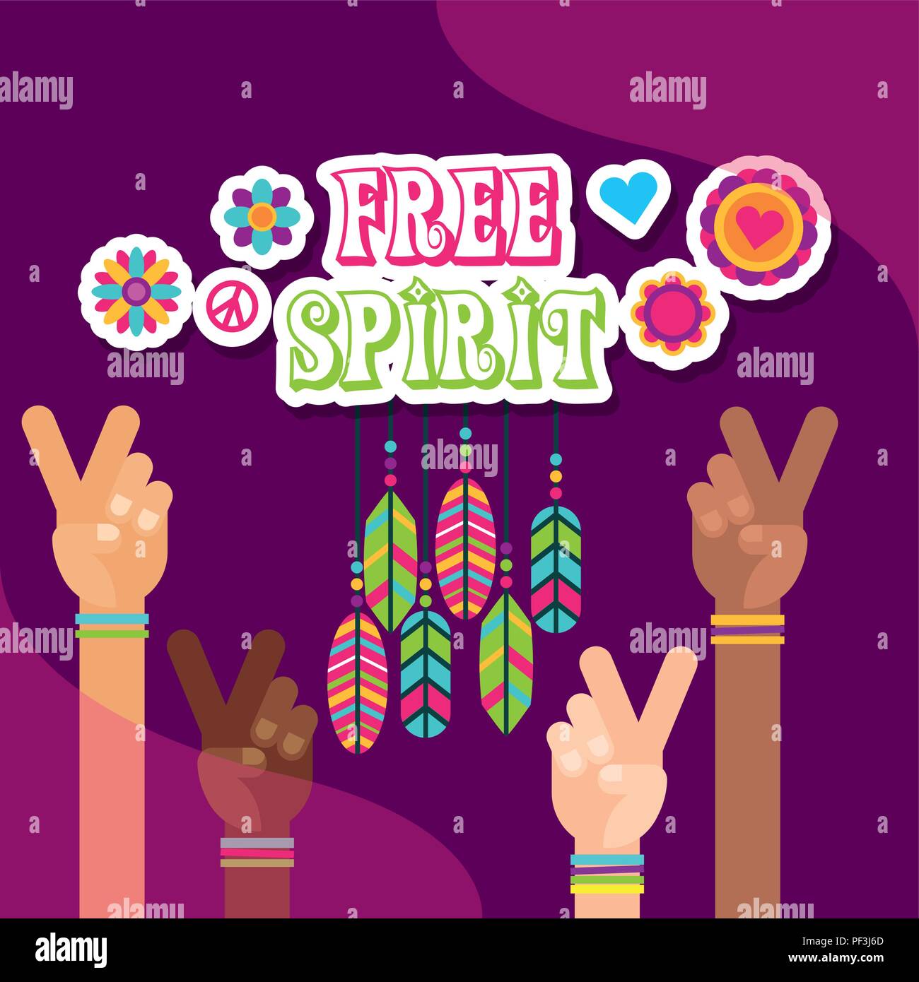 Hippie multi-ethnische Hände Frieden Federn liebe Blumen free spirit Stock Vektor
