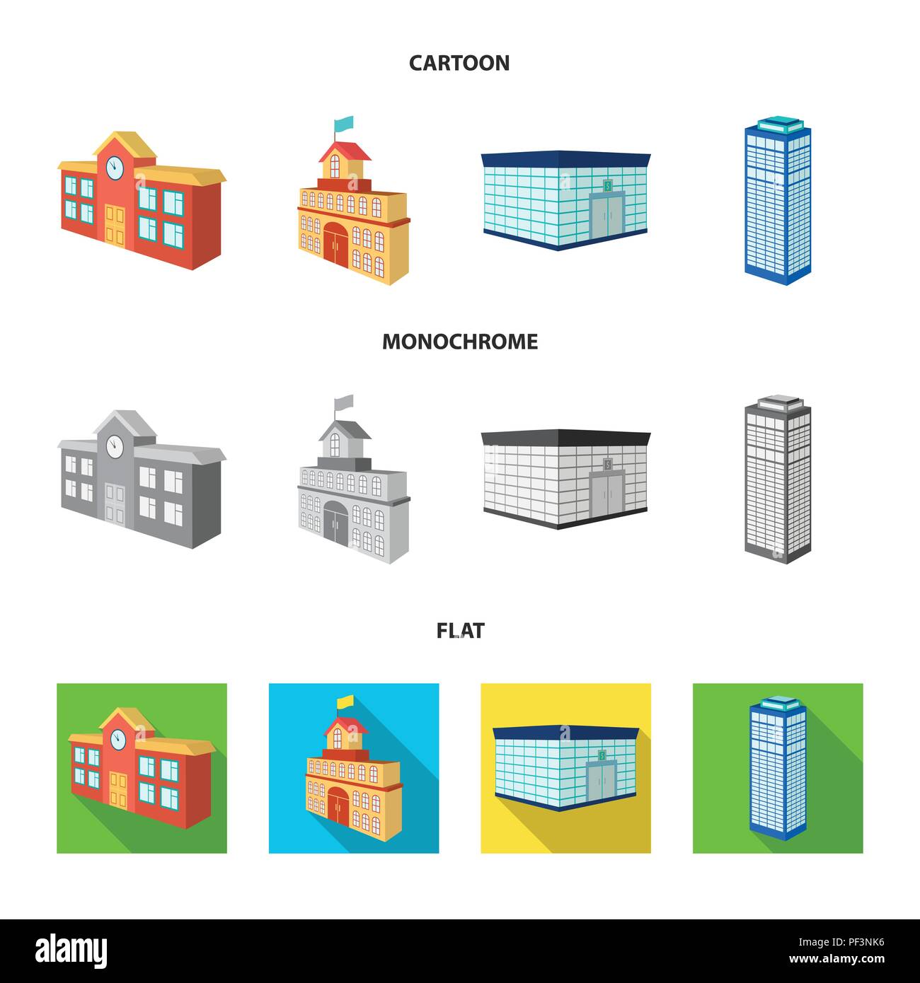 Bank office, Wolkenkratzer, Rathaus Gebäude, Hochschule Gebäude. Architektur und Struktur Sammlung Icons im Cartoon, flach, Schwarzweiß-Stil vecto Stock Vektor