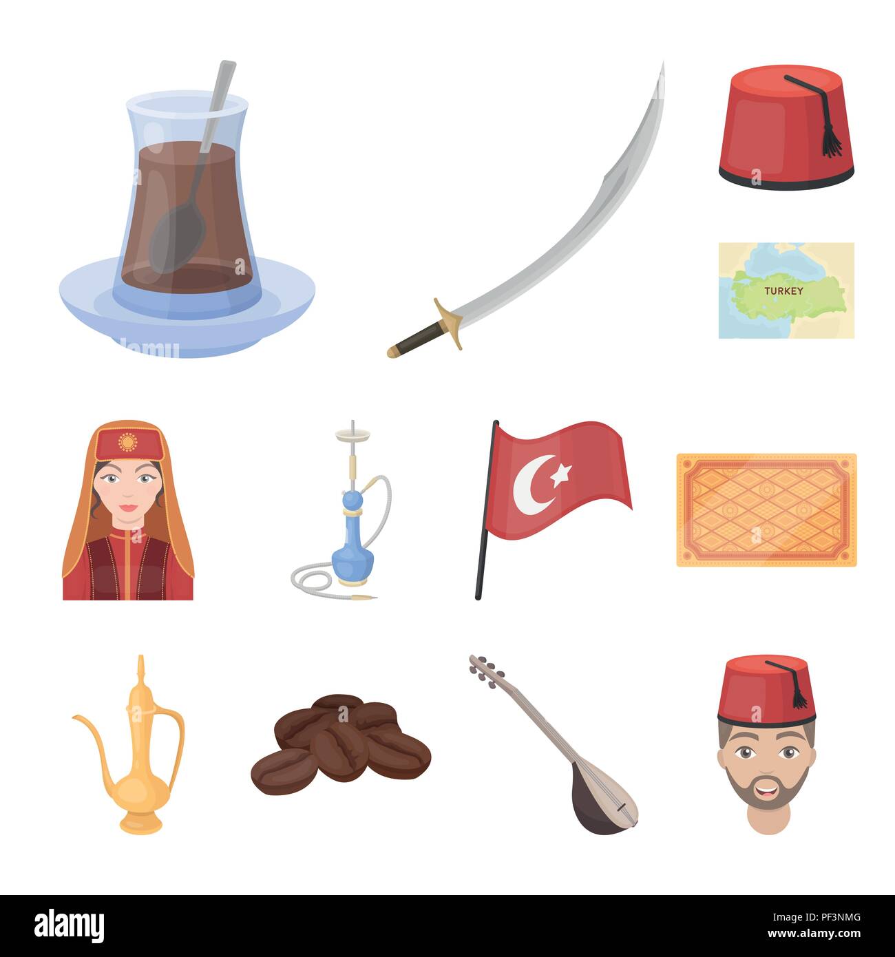 Türkei Land cartoon Symbole im Set Sammlung für Design. Reisen und Sehenswürdigkeiten vektor Symbol lieferbar Abbildung. Stock Vektor