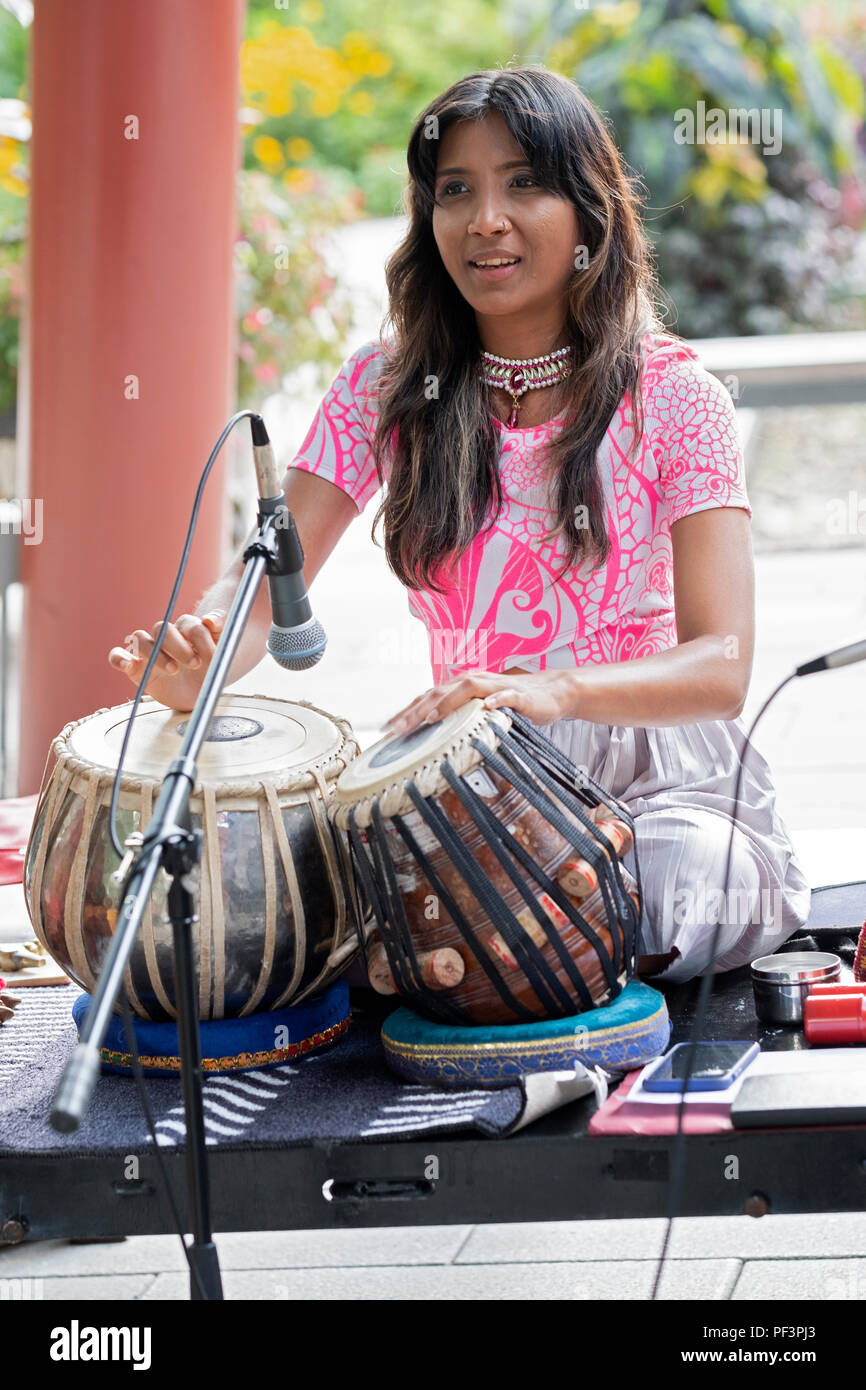 Ein Tabla-spieler durchführen bei einem Konzert von Raga massiv in die Queens Botanic Gardens bei der Spülung der Frauen Stockfoto
