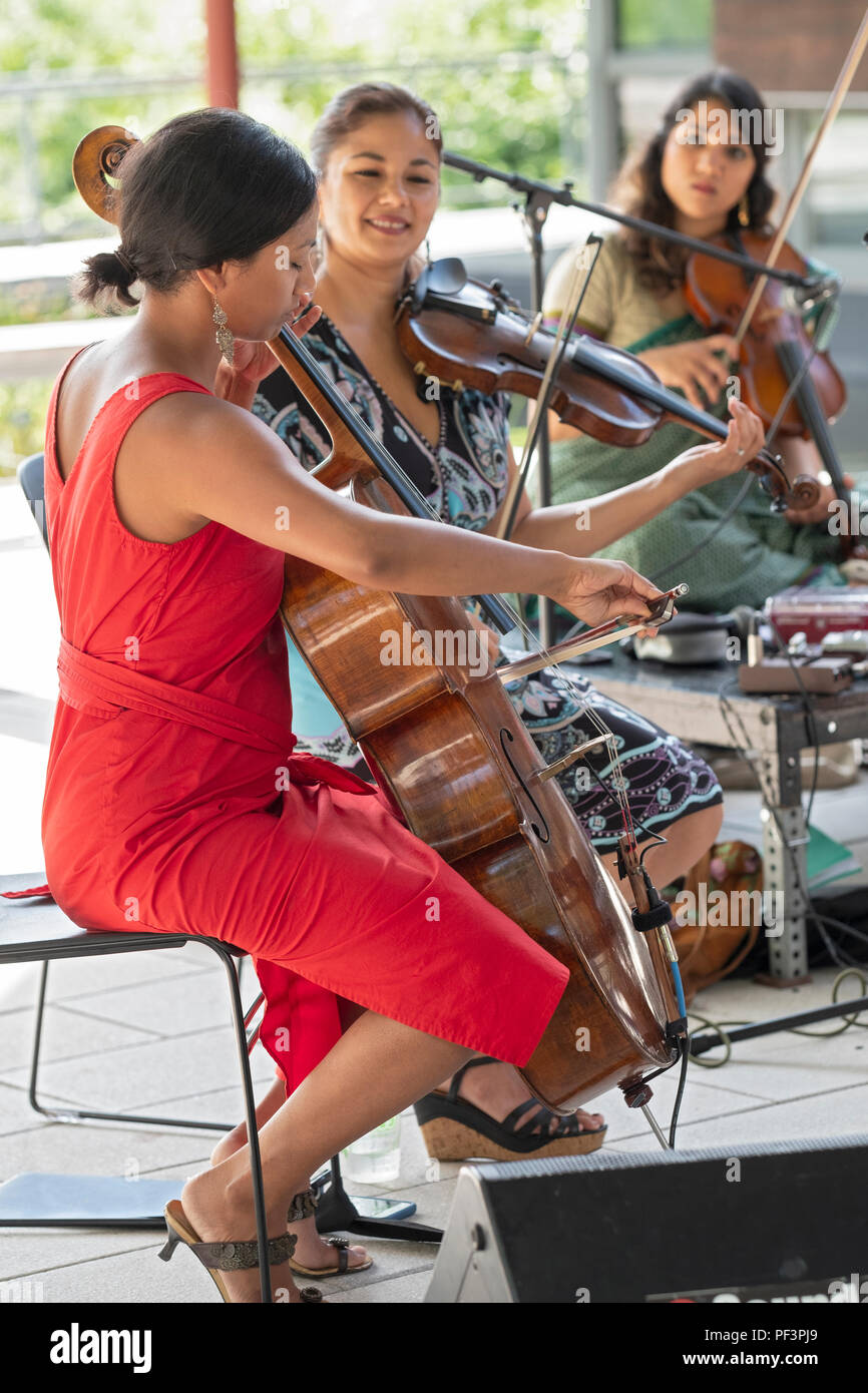 3 Musiker bei einem Konzert von Raga massiv in die Queens Botanical Gardens bei der Spülung der Frauen Stockfoto