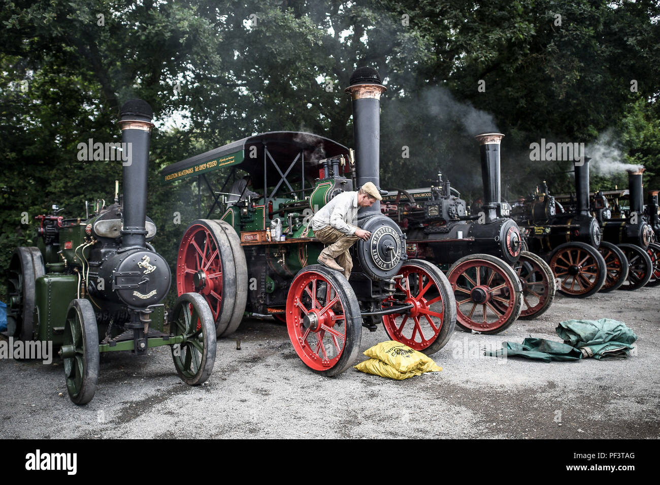 Ein Enthusiast springt von einer William Zugmaschine fördern, wie Dutzende von Dampf angetriebene Fahrzeuge in einem Pub in Dorset vor ihren Weg zum Great Dorset Steam Fair, wo Hunderte von Zeitraum dampfbetriebene Zugmaschinen und schwere mechanische Ausrüstung aus allen Epochen für die jährlichen Erscheinen am 23. bis 27. August 2018 sammeln Sammeln, zu 50 Jahren feiern. Stockfoto