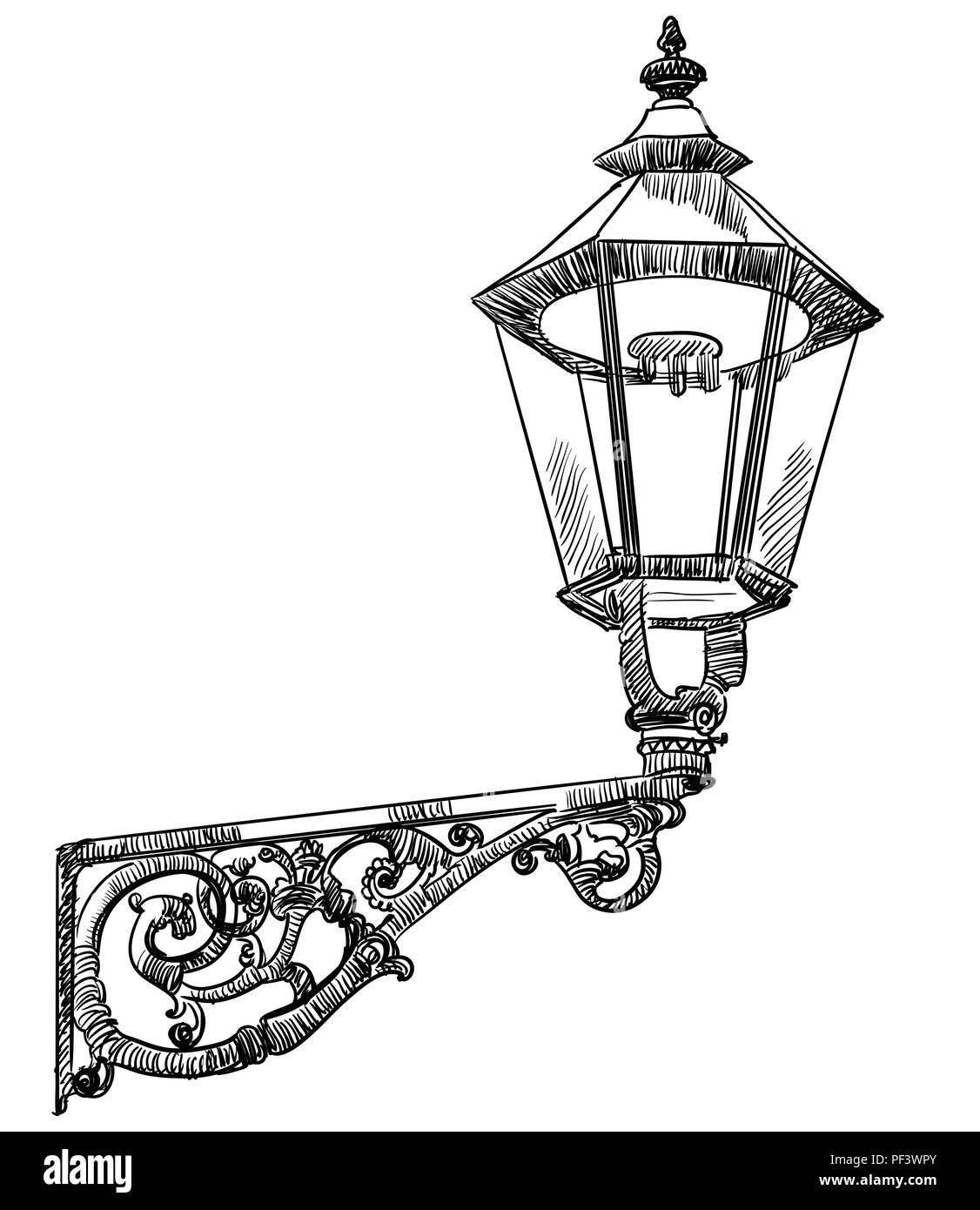 Handzeichnung alte Straßenlaterne Vektor monochromen Abbildung in schwarz auf weißem Hintergrund Stock Vektor