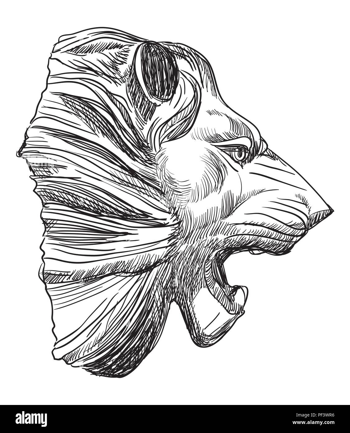 Alte Relief, Skulptur in Form von einen Löwenkopf Profil ansehen, Vektor hand Zeichnung Illustration in schwarzer Farbe auf weißem Hintergrund Stock Vektor
