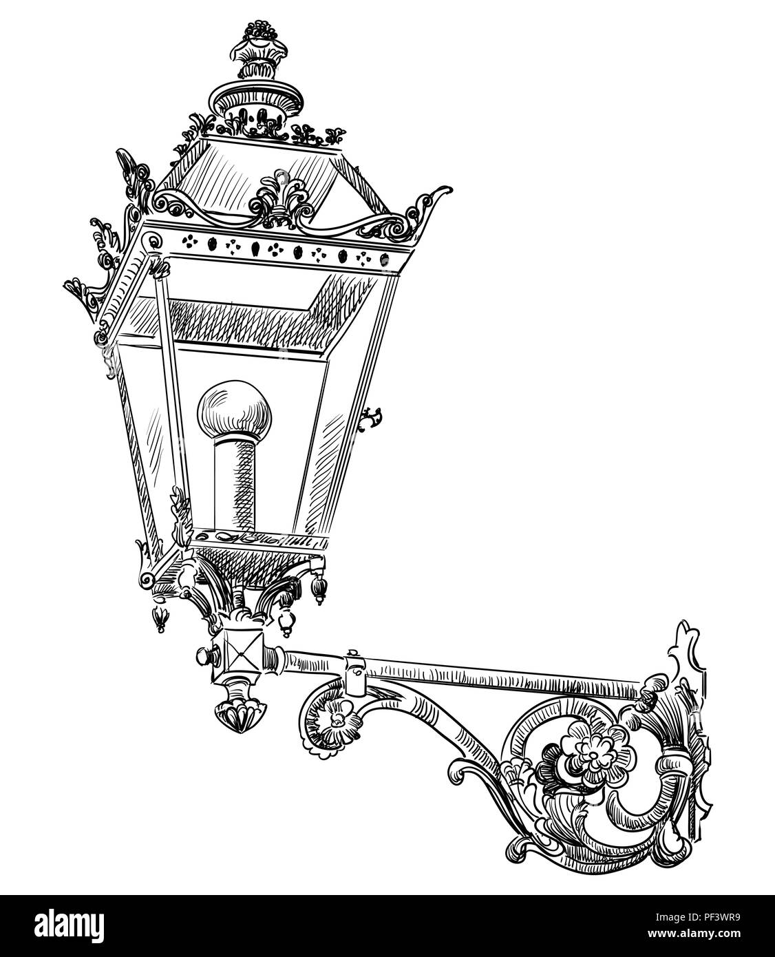 Handzeichnung alte Straßenlaterne Vektor monochromen Abbildung in schwarz auf weißem Hintergrund Stock Vektor