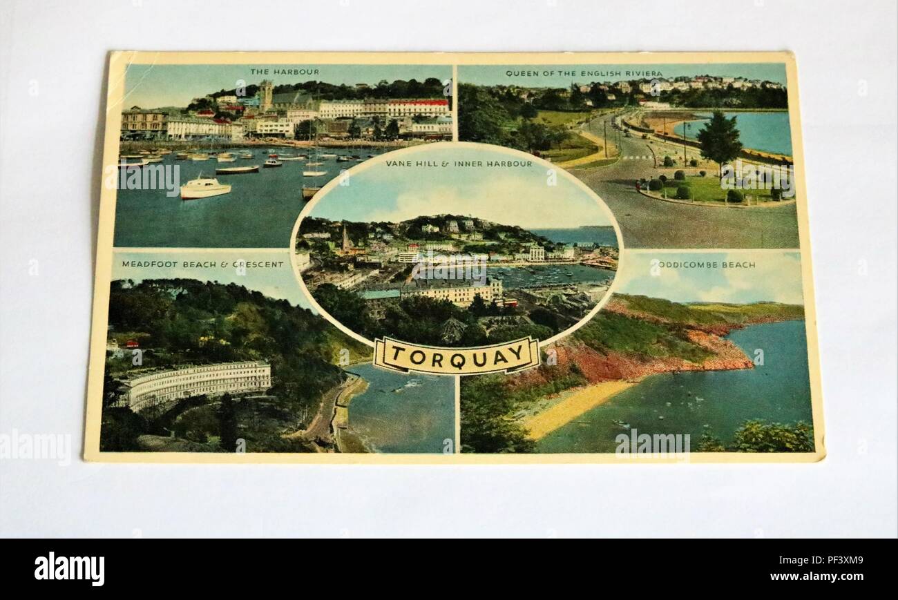 Frühe Farbe Postkarte, die verschiedene Szenen bei Torquay, Devon, Großbritannien Stockfoto