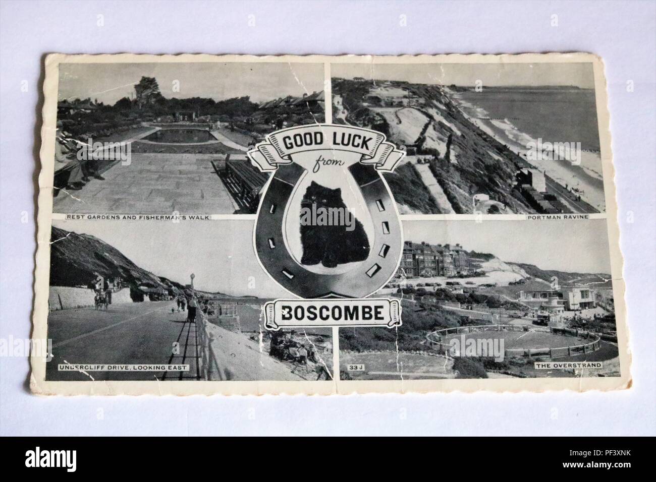 Alte Schwarz-Weiß-Postkarte, die verschiedene Orte in Boscombe, Bournemouth, Großbritannien 1960 Stockfoto