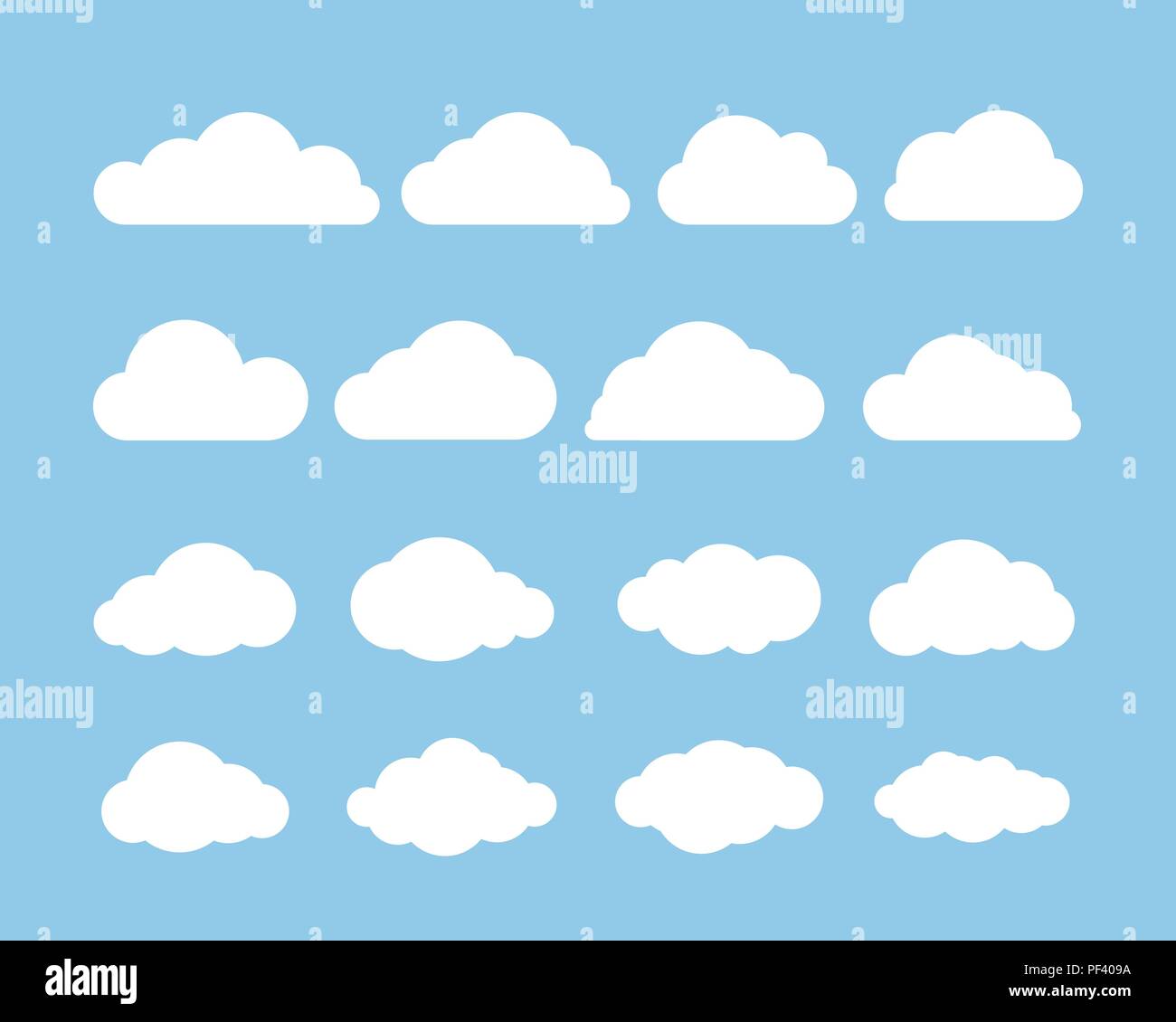 Cartoon flachbild Satz von weißen Wolken am blauen Hintergrund isoliert. Weiße Wolke. Vector Illustration Stock Vektor