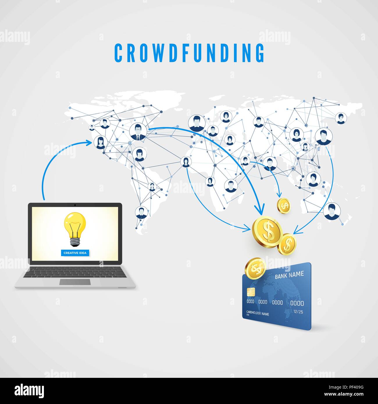 Crowdfunding. Menschen aus globalen Netzwerk Spenden von Geld für Geschäftsidee und helfen Projekt entwickeln. Vector Illustration Stock Vektor
