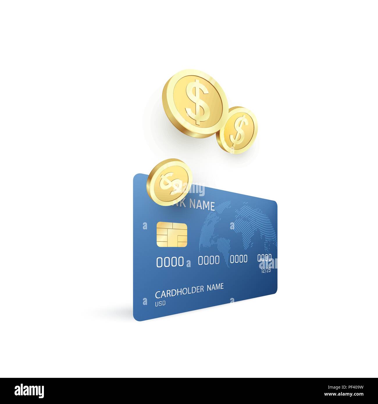 Goldene Münzen und Kreditkarte Vorlage. Geld geht auf das Konto. Geld sparen oder Cashback Konzept. Vector Illustration Stock Vektor
