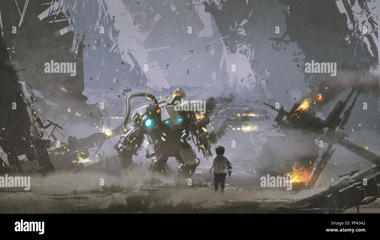 Szene der Jungen an die beschädigte Roboter, die ihn aus dem Krieg geschützt suchen, digital art Stil, Illustration Malerei Stockfoto