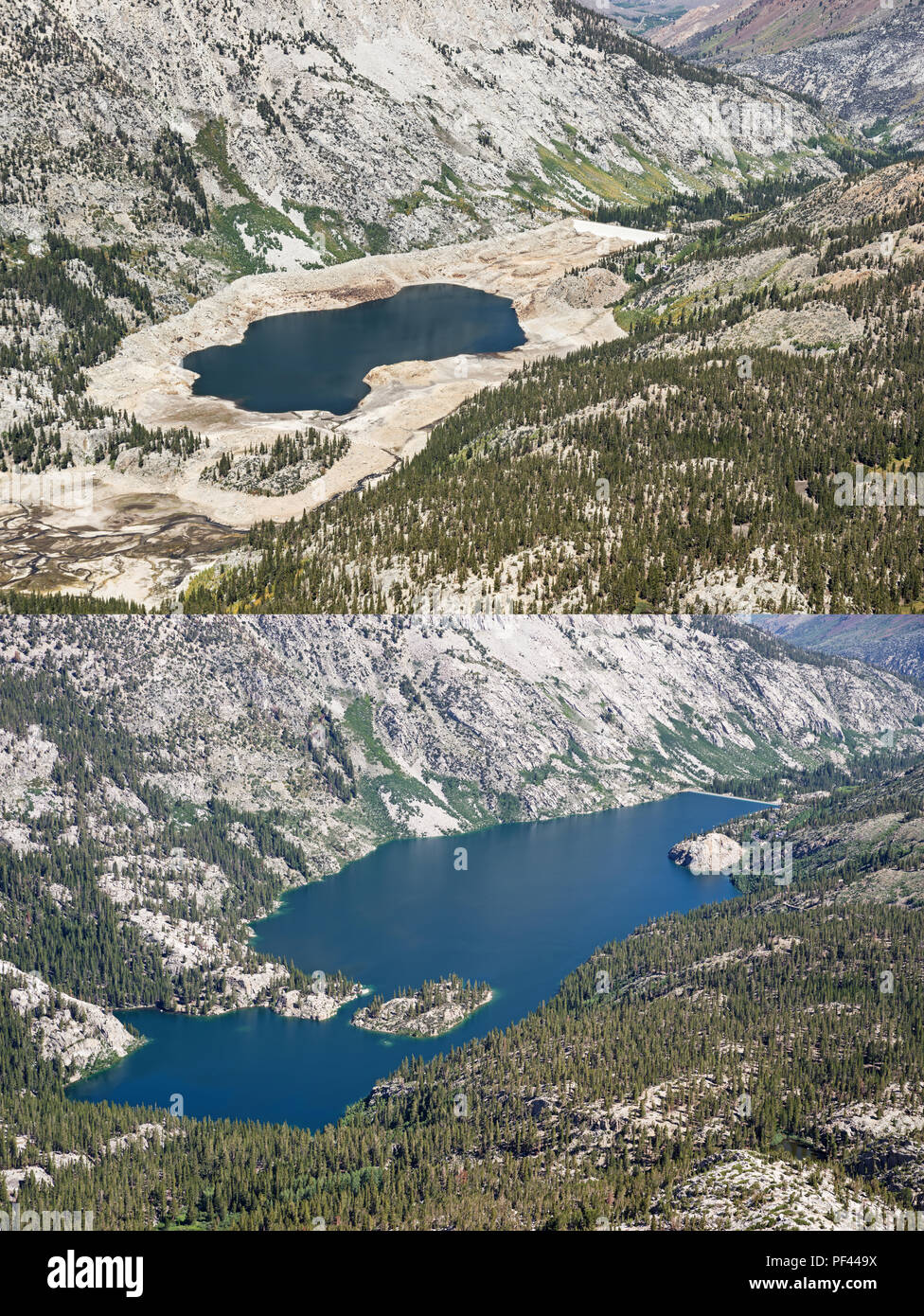 Luftbild mit niedrigem Wasserstand und Full Level in South Lake Reservoir in Kalifornien 2014 und 2018 Stockfoto