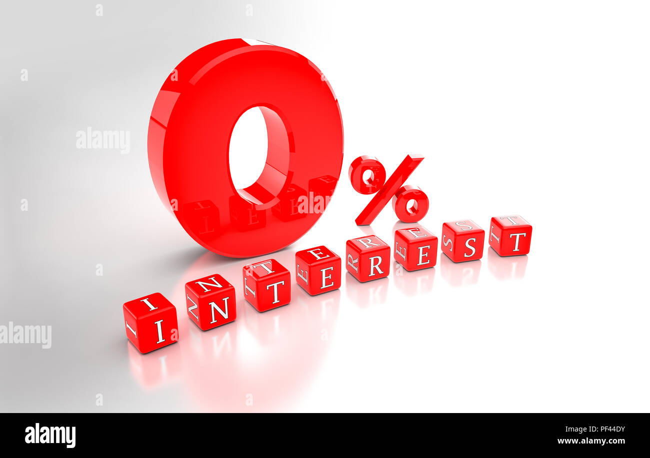 3D-Abbildung: 0 % Zinsen in Rot. Ansicht von oben mit der Reflexion. Ideal für Finanzen ähnliche Angebote Stockfoto