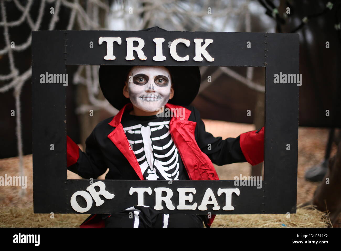 Ein Junge in einem Halloween kostüm Skelett mit Hut und Rauchen hält einen Frame 'Trick or Treat' Stockfoto