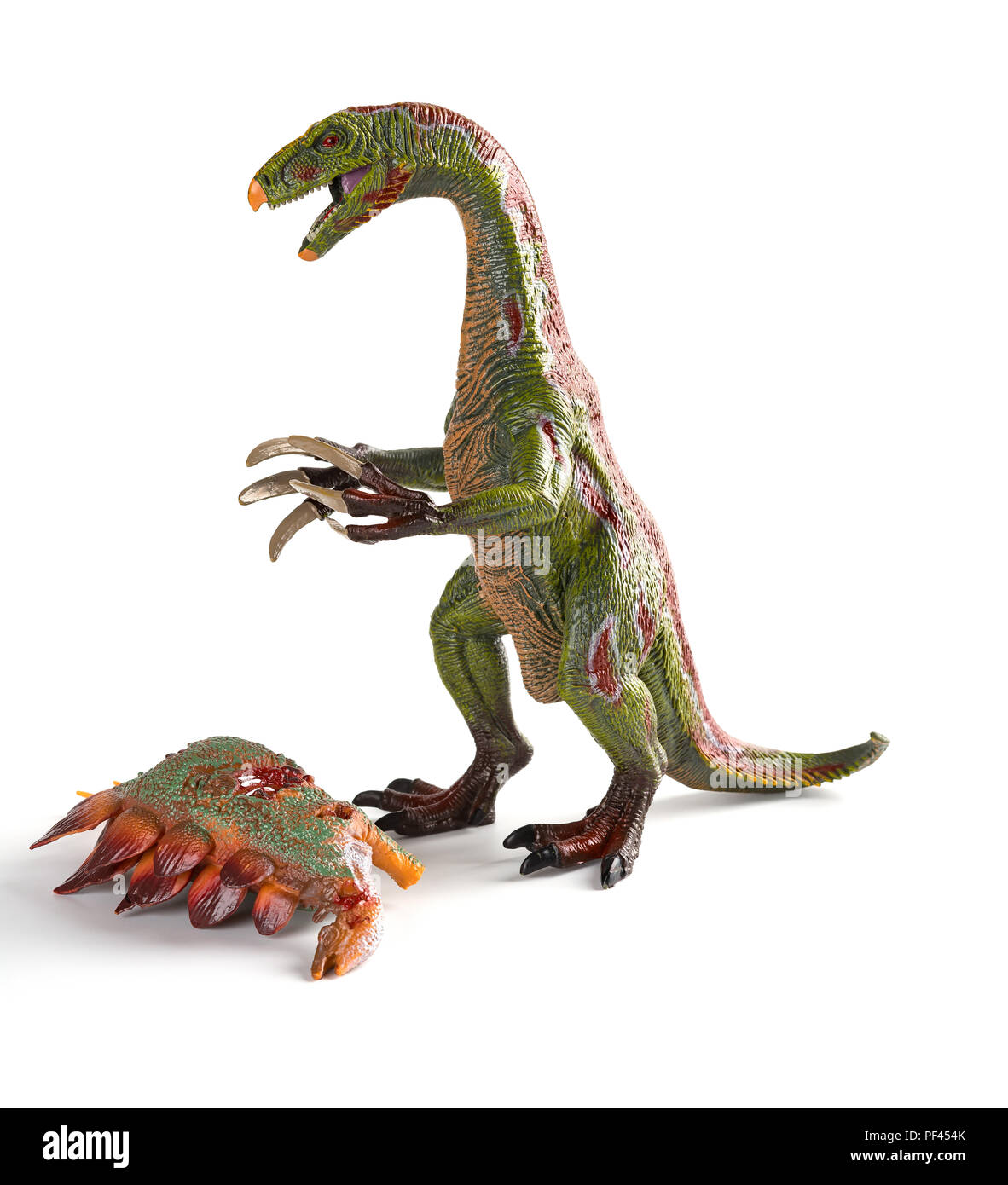 Nothronychus mit einem stegosaurus Körper in der Nähe auf dunklem Hintergrund Stockfoto