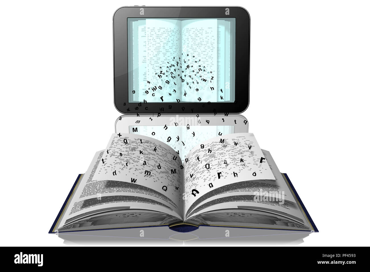 3D-Darstellung. Die Buchstaben sind aus dem Buch Seiten freistehenden in der Tablette zu gehen, e-book Stockfoto