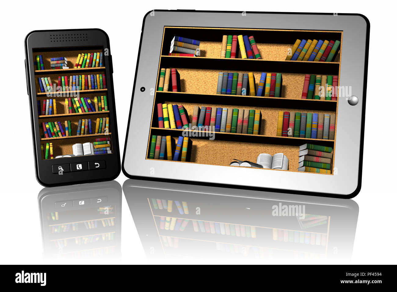 3D-Darstellung. Smartphone und Tablet mit Innen Regale und Bücher Bibliothek zu vertreten. Stockfoto