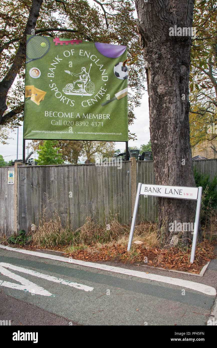 Signage ausserhalb der Bank von England, Sportplatz, Priorat Lane, Roehampton, London, SW15, Großbritannien Stockfoto