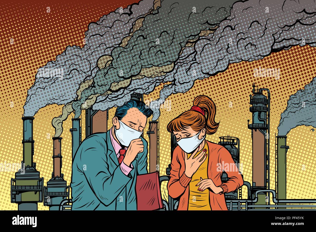 Mann und Frau in einer medizinischen Maske ersticken aus industriellen Smok Stock Vektor