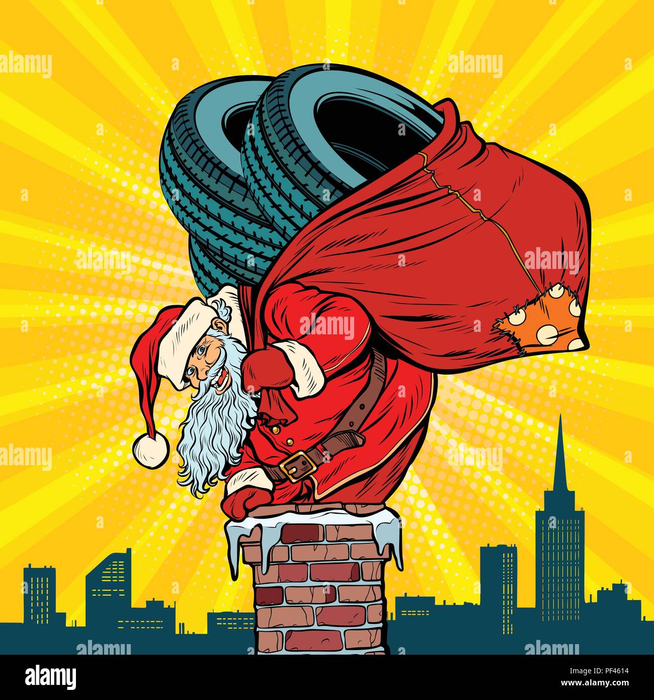 Auto Winterreifen. Weihnachtsmann mit Geschenken klettert in den Kamin Stock Vektor