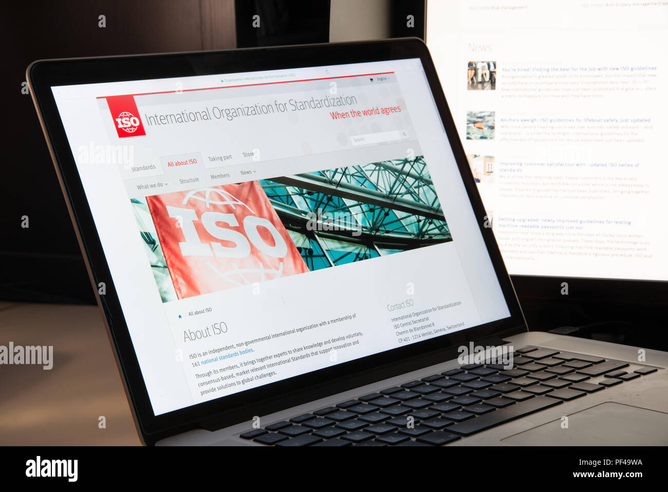 Mailand, Italien - 15 August 2018: ISO - Internationale Organisation für Normung NRO-Homepage. ISO - Internationale Organisation für Standa Stockfoto