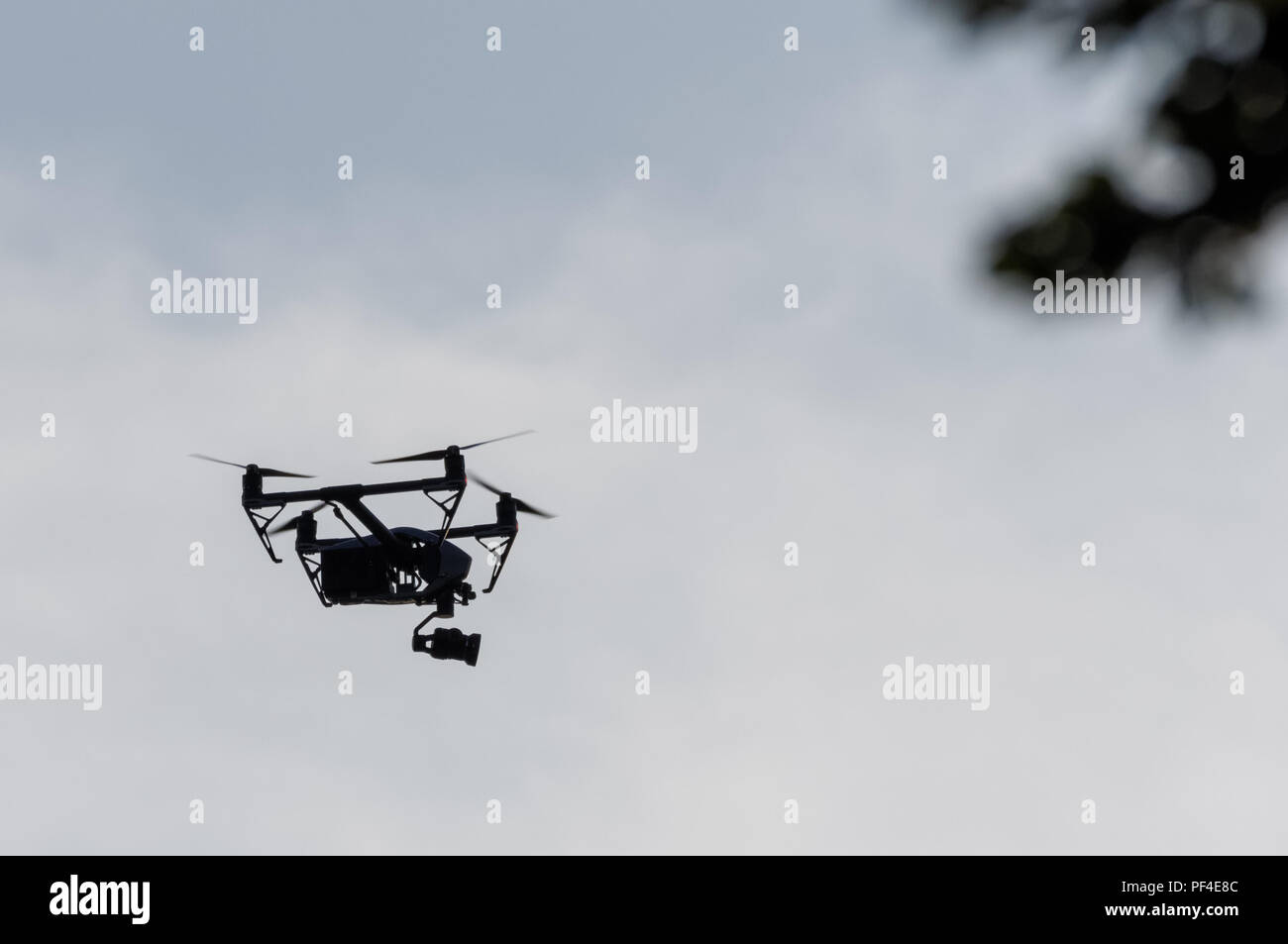 Flying drone mit einer Kamera Stockfoto