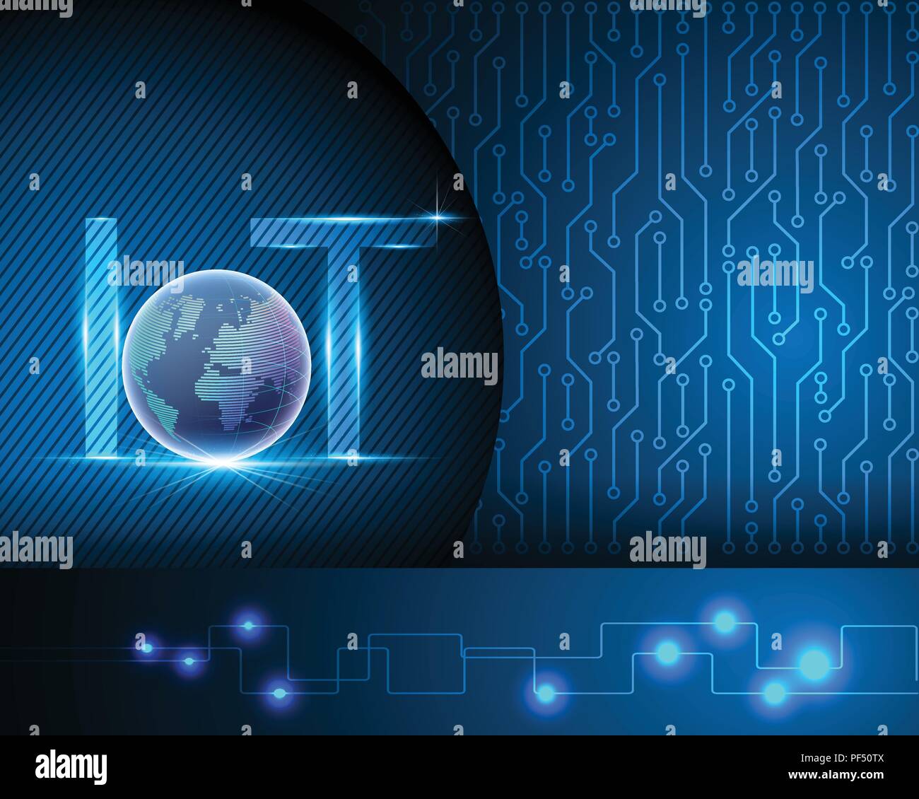 Internet der Dinge (IOT) Konzept, Licht schreiben Textsymbol, die mit globalen Datenzentren, Elektronische Blauer Hintergrund mit Netzwerk Banner, Vector Illustration. Stock Vektor