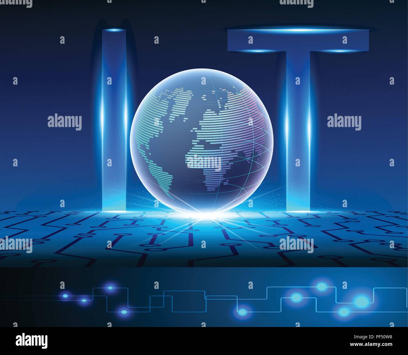 Internet der Dinge (IOT) Konzept, Licht schreiben Textsymbol, die mit globalen Datenzentren, Elektronische Blauer Hintergrund mit Netzwerk online Banner, Vektor Stock Vektor