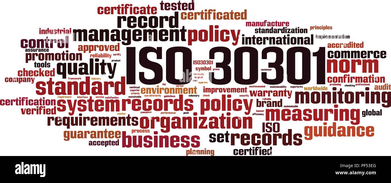 ISO 30301 Word cloud Konzept. Vector Illustration Stock Vektor