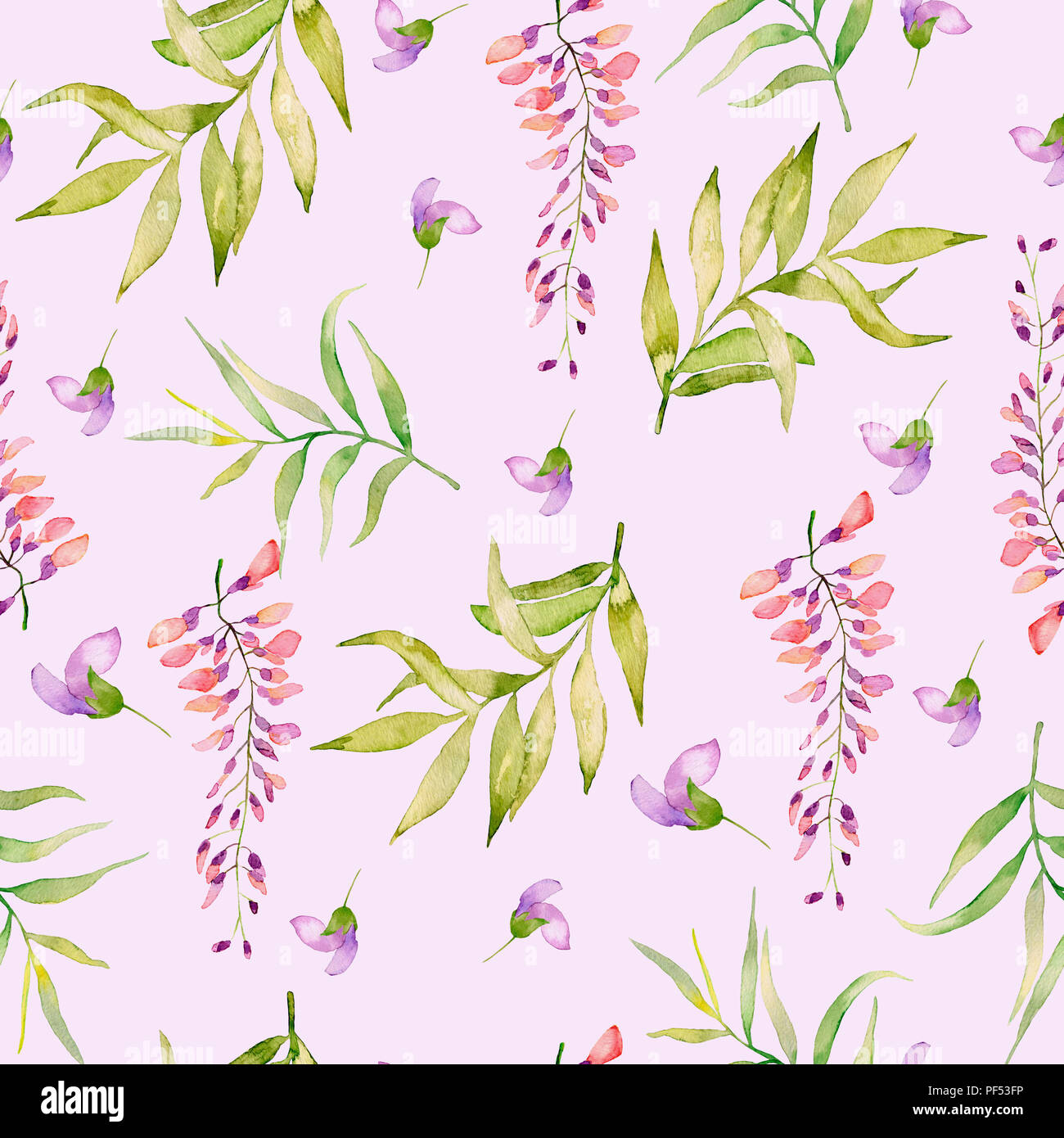 Aquarell nahtlose Muster der Sommer Blumen und Blätter auf einem hellen Hintergrund. Stockfoto
