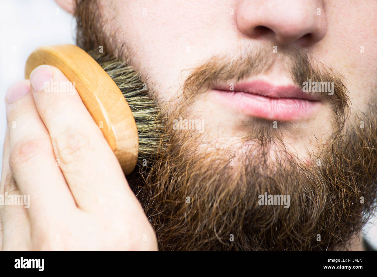 Hand der Friseur bürsten Bart. Barbershop Kunden, Vorderansicht. Bart Pflege Tipps für Anfänger. Stockfoto