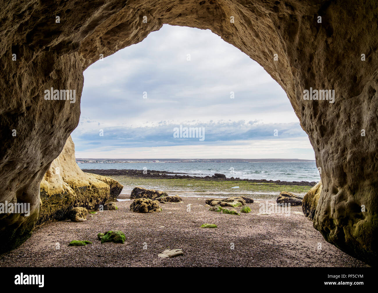 Welsh Landeplatz und Höhlen, Punta Cuevas, Puerto Madryn, der Waliser Siedlung, Provinz Chubut, Patagonien, Argentinien Stockfoto