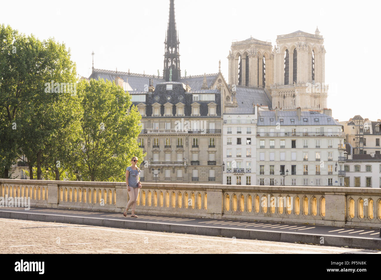 Paris Stadtbild - Frau Spaziergänge entlang der Louis Philippe Brücke an einem späten Nachmittag in Paris. Die Kathedrale Notre Dame befindet sich im Hintergrund. Frankreich, Europa. Stockfoto