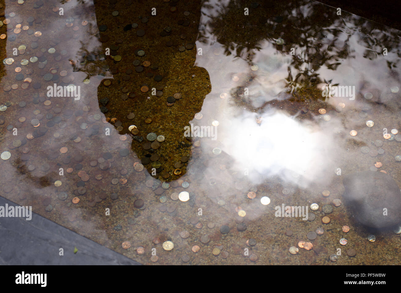Werfen Münzen in einem Pool/Teich und macht einen Wunsch wahr werden (hoffentlich). Stockfoto