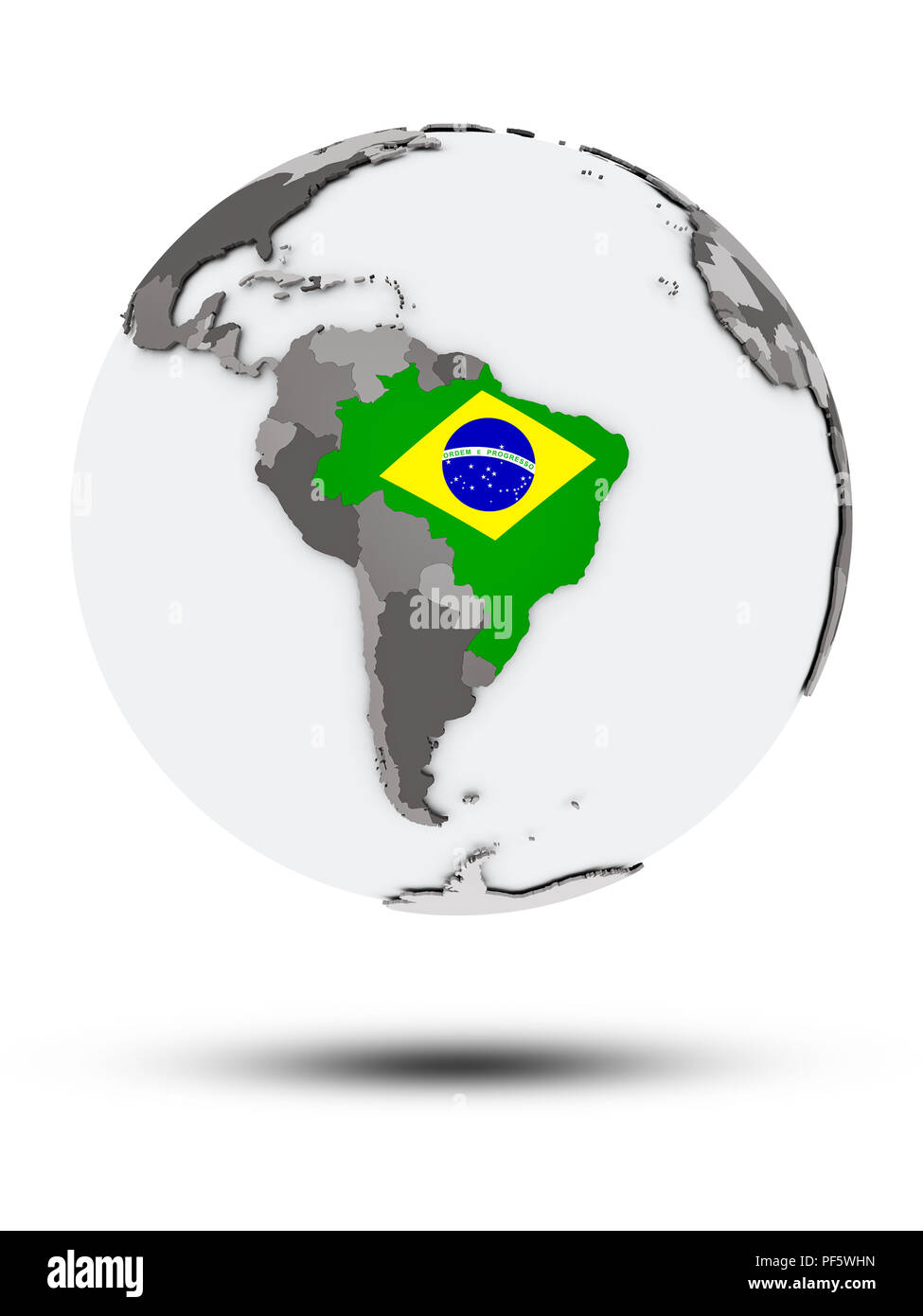 Brasilien mit Flagge auf Globus mit Schatten auf weißem Hintergrund. 3D-Darstellung. Stockfoto