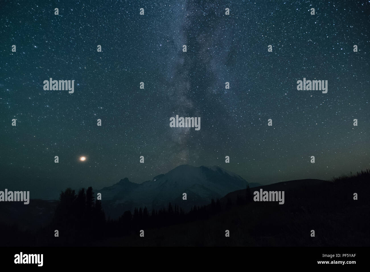 Dies ist ein Bild von Mount Rainier mit Milchstraße mitten in der Nacht in Washington. Stockfoto