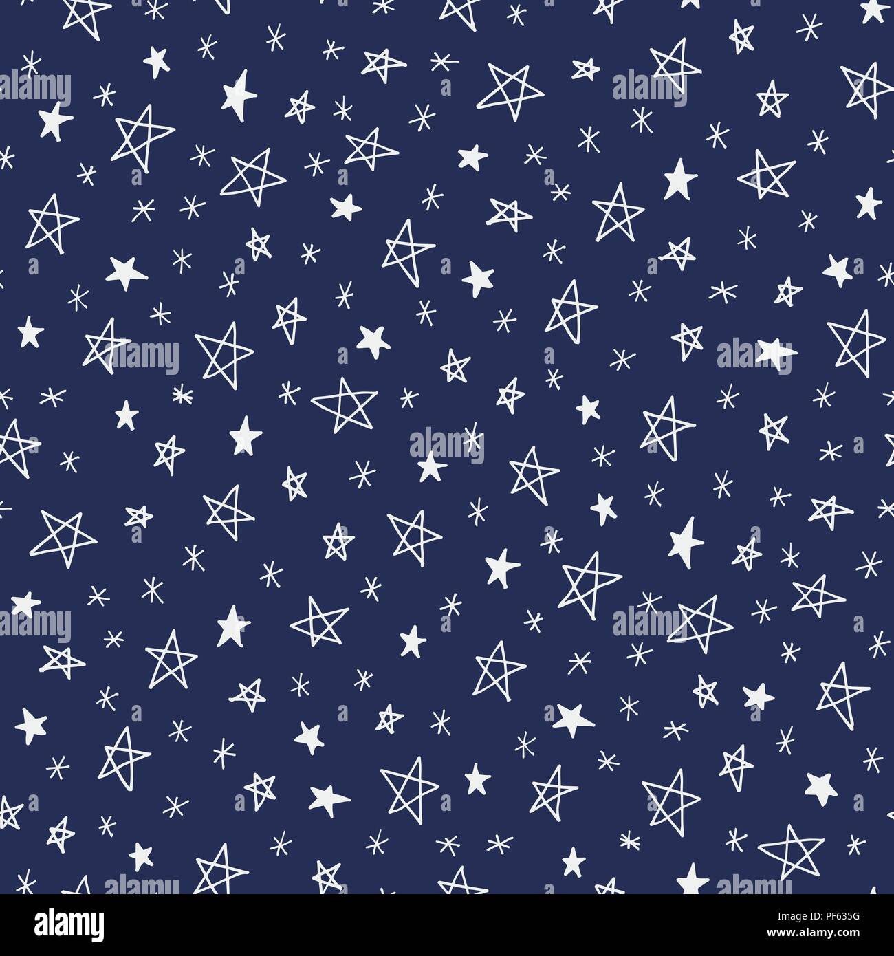 Hand doodle Sterne auf dem dunkelblauen Himmel Vektor nahtlose Muster gezeichnet. Winterurlaub Hintergrund. Süße Weihnachten Drucken. 24:00 Stunden. Stock Vektor
