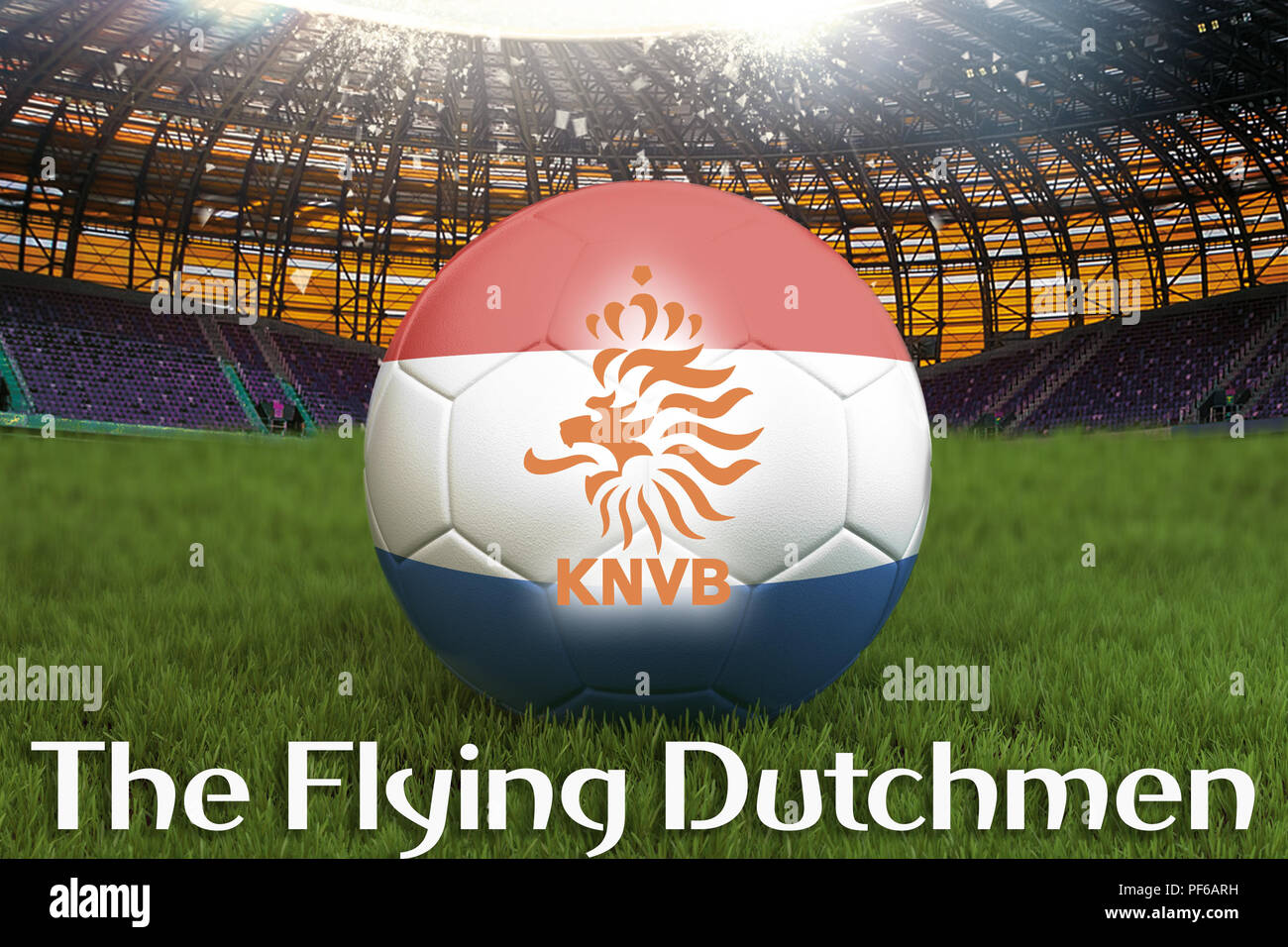 Die fliegenden Holländer auf Niederlande Sprache auf Fußball Team Ball auf große Stadion Hintergrund. 3D-Rendering. Niederlande Team Wettbewerb Konzept. Nethe Stockfoto