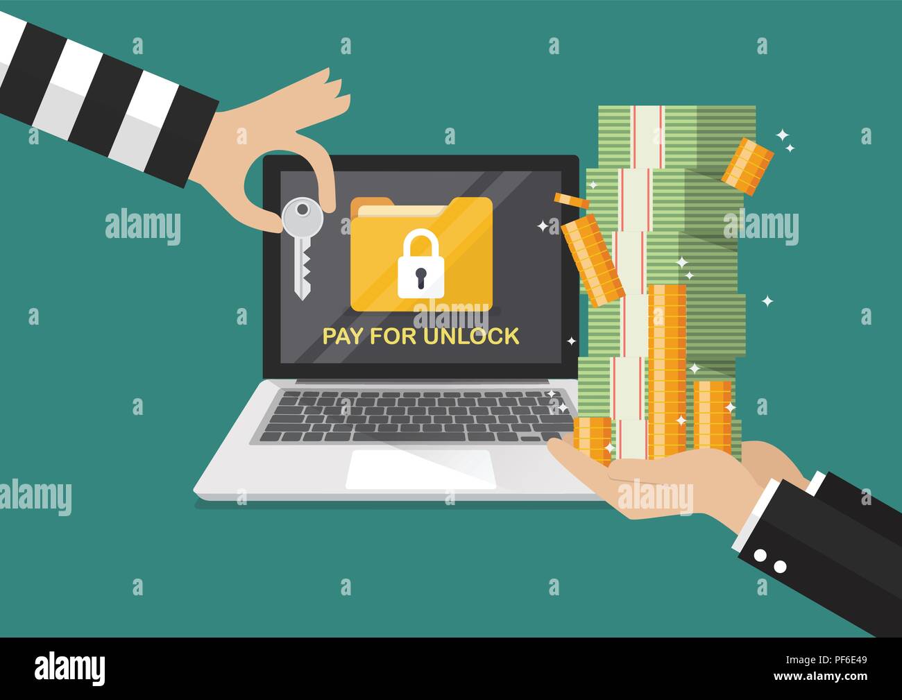 Geschäftsmann hand Banknote, die für die Zahlung der Schlüssel von Hacker für Entsperren laptop erhielt Ransomware malware virus Computer. Vector Illustration Stock Vektor