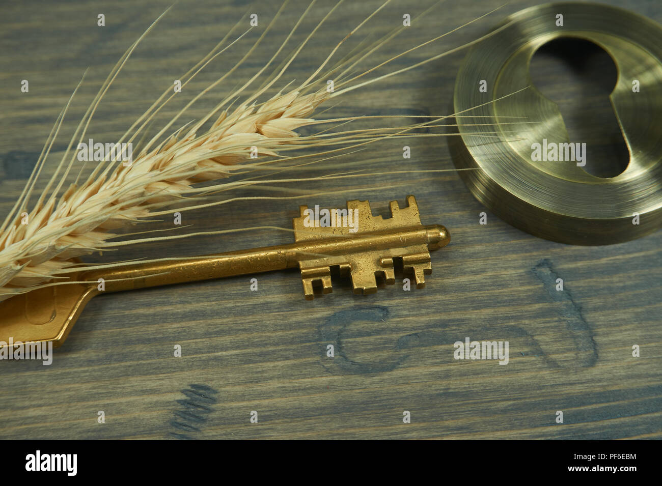 Konzeptionelle Nahaufnahme eines Vintage goldenen Schlüssel und Ohr von Weizen auf einem alten Holztisch als Symbol für den Zugang, Lucky, das Eigentum oder die Sicherheit. Selektiver Fokus Stockfoto