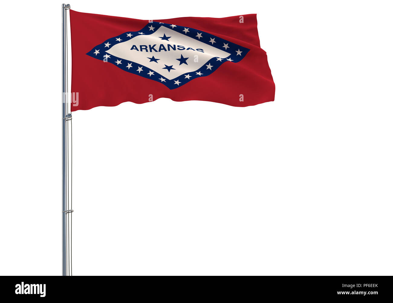 Isolierte Flagge des US-Bundesstaates Arkansas ist Fliegen in den Wind, 3D-Rendering. Stockfoto