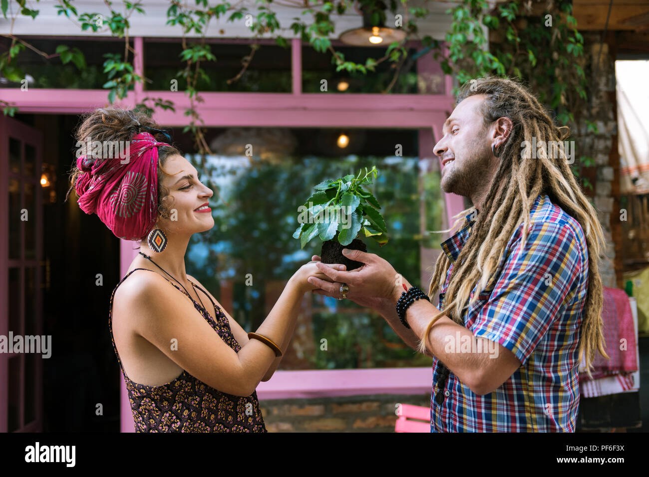 Paar lieben Hippies, die kleine grüne Pflanze zu Hause Stockfoto