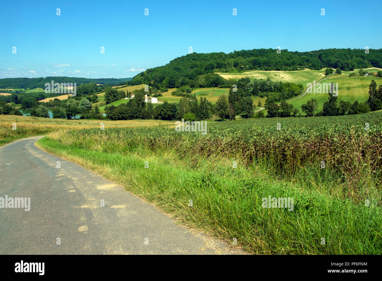 Eine Landstraße schlängelt sich durch die hügelige Landschaft in der Nähe von frespech an einem sonnigen Nachmittag Anfang Sommer in ländlichen Lot-et-Garonne, Frankreich Stockfoto