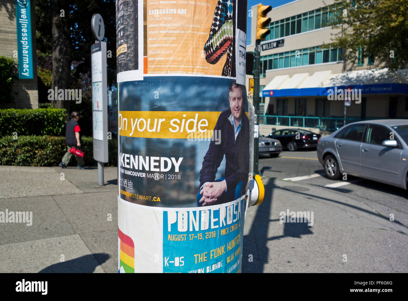 Plakat für Vancouver bürgermeisterkandidat Kennedy Stewart. Vancouver Kommunalwahlen 2018. Stockfoto
