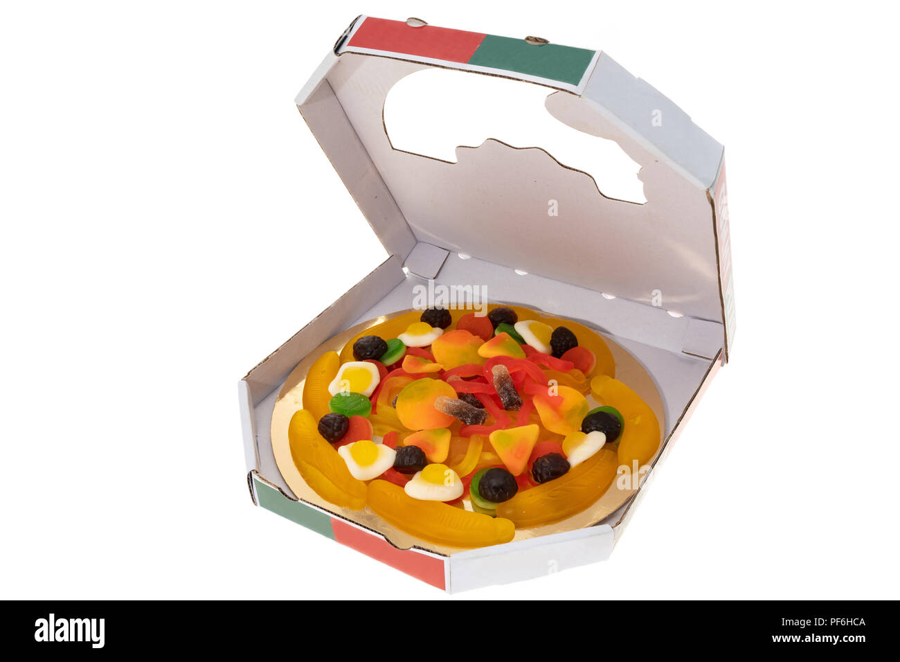 Süßigkeiten pizza und Box - Weißer Hintergrund Stockfoto