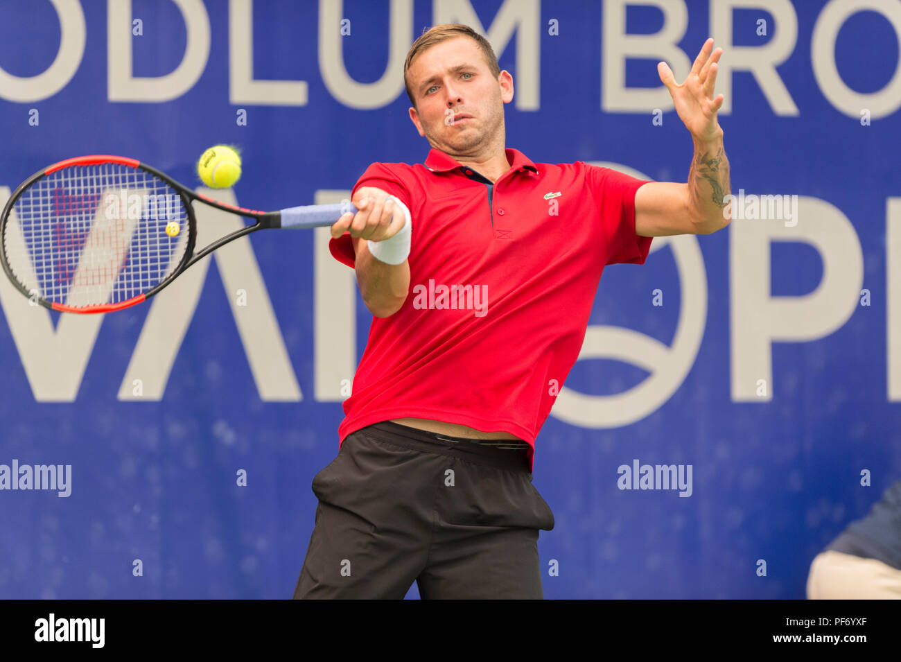 West Vancouver, Kanada. 19. August 2018. West Vancouver, Kanada. 19. August 2018. Daniel Evans von Großbritannien (hier gezeigt) gewinnt den ATP Challenger Tour Mens Singles Finale gegen Jason Kubler von Australien. Odlum Braun VanOpen. Hollyburn Country Club. © Gerry Rousseau/Alamy leben Nachrichten Stockfoto