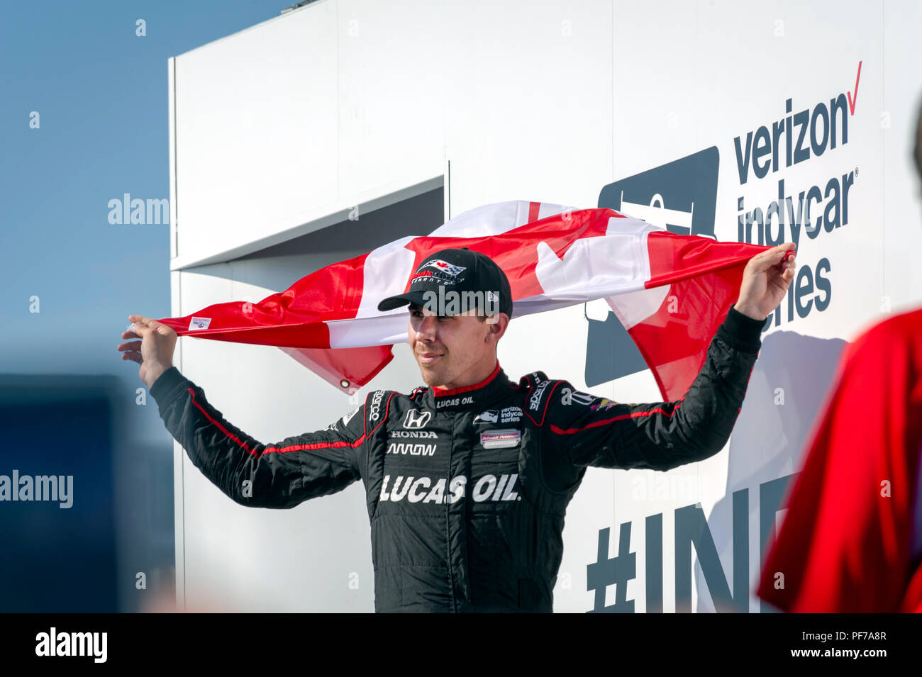 Podium Gewinner Feier bei Indy Car Race Tag in Toronto, 15. Juli 2018. Kanadier Robert Wickens beendete den dritten Stockfoto