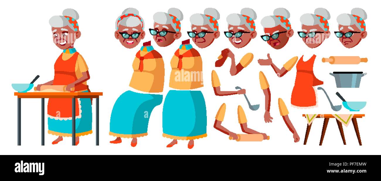 Alte Frau Vektor. Ältere Person Porträt. Ältere Menschen. Im Alter. Schwarz. Afro-amerikanische. Animation erstellen. Gesicht Emotionen, Gesten. Comic Rentner. Lifestyle. Animiert. Cartoon Illustration Stock Vektor