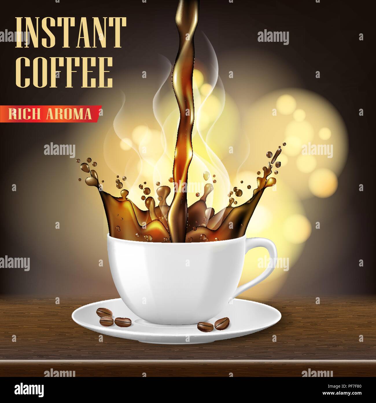 Aroma schwarz Arabica Kaffee Tasse und Bohnen ads Design. 3D-Darstellung der Hot Coffee Mug Produkt auf verschwommenen Hintergrund. Vektor Stock Vektor